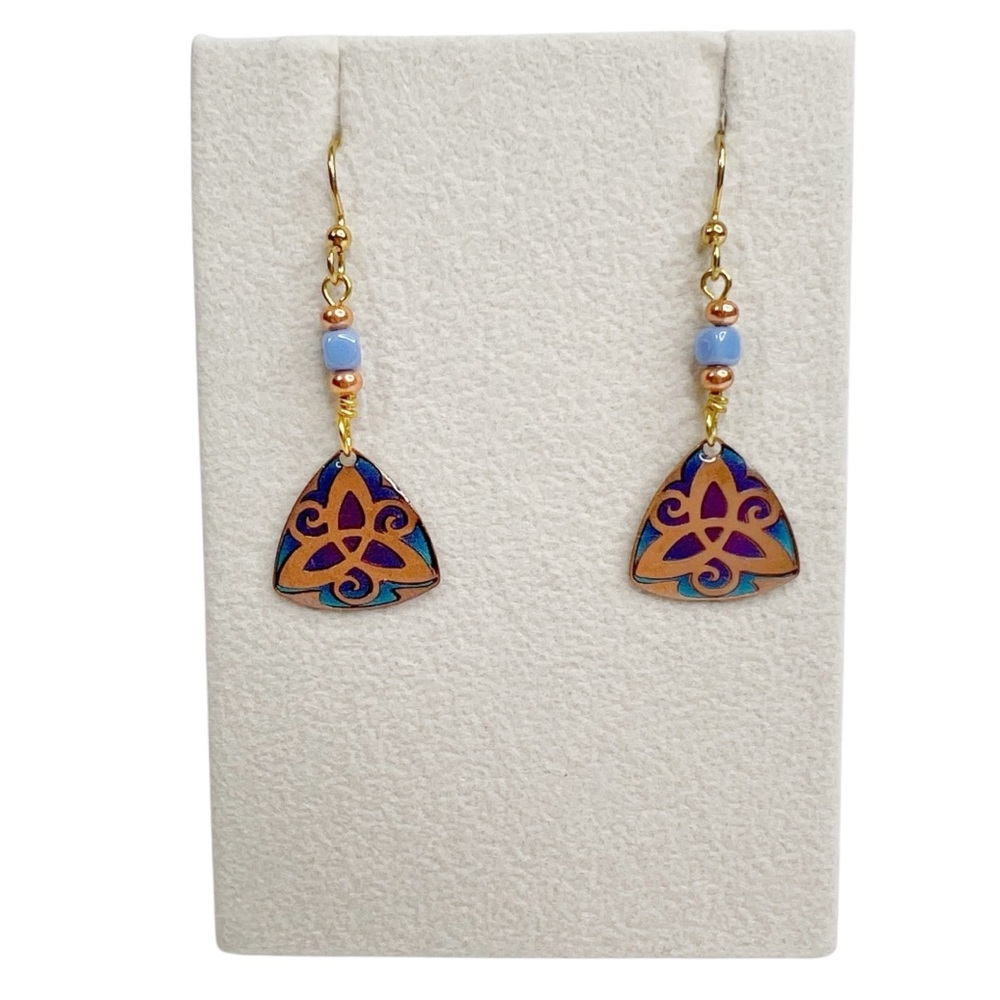 Irish Celtic Trinity Knot Copper Blue Purple Dangle Pierced Earrings